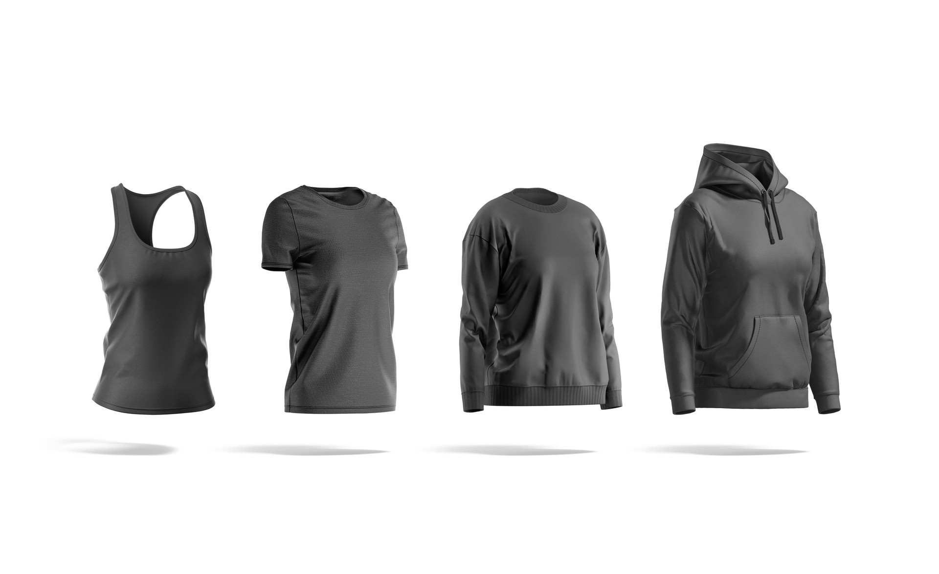 Blank black female t-shirt, tanktop, sweatshirt and hoodie mockup, isolated